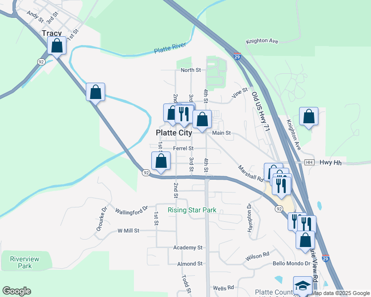 map of restaurants, bars, coffee shops, grocery stores, and more near Ferrel Street in Platte City