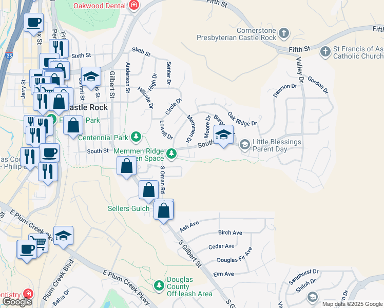 map of restaurants, bars, coffee shops, grocery stores, and more near 1094 South Street in Castle Rock