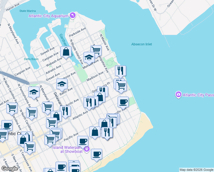 map of restaurants, bars, coffee shops, grocery stores, and more near 210 Grammercy Place in Atlantic City