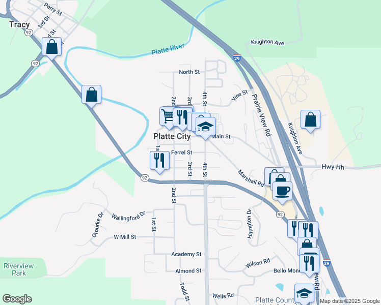 map of restaurants, bars, coffee shops, grocery stores, and more near Ferrel Street in Platte City