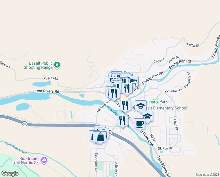 map of restaurants, bars, coffee shops, grocery stores, and more near 99 Midland Spur in Basalt