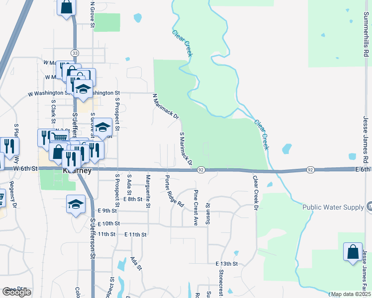 map of restaurants, bars, coffee shops, grocery stores, and more near 502 South Marimack Drive in Kearney