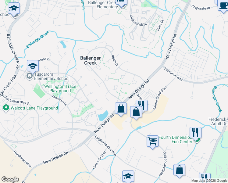 map of restaurants, bars, coffee shops, grocery stores, and more near 6713 Sandpiper Court in Frederick