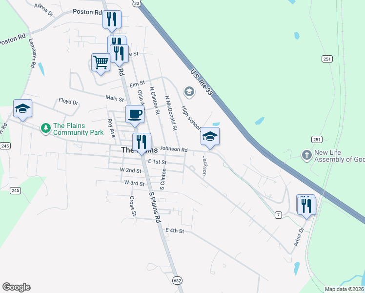 map of restaurants, bars, coffee shops, grocery stores, and more near 40 Johnson Road in The Plains