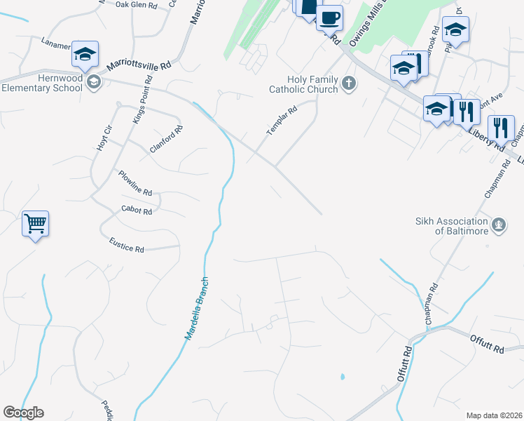 map of restaurants, bars, coffee shops, grocery stores, and more near 3516 Seapines Circle in Randallstown