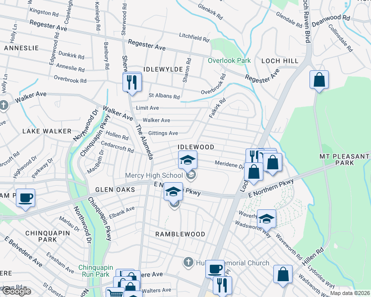 map of restaurants, bars, coffee shops, grocery stores, and more near 1271 Cedarcroft Road in Baltimore