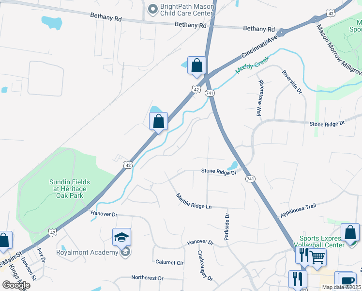 map of restaurants, bars, coffee shops, grocery stores, and more near 4165 Spyglass Hill in Mason
