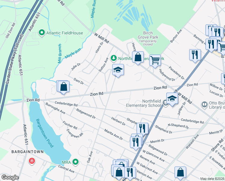 map of restaurants, bars, coffee shops, grocery stores, and more near 2301 Zion Road in Northfield