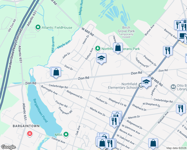map of restaurants, bars, coffee shops, grocery stores, and more near 2301 Zion Rd in Northfield