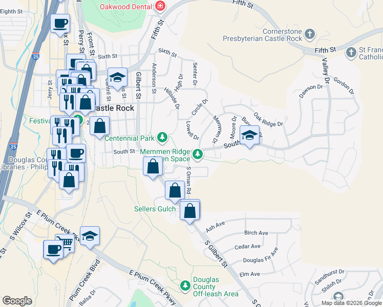 map of restaurants, bars, coffee shops, grocery stores, and more near 302 South Oman Road in Castle Rock