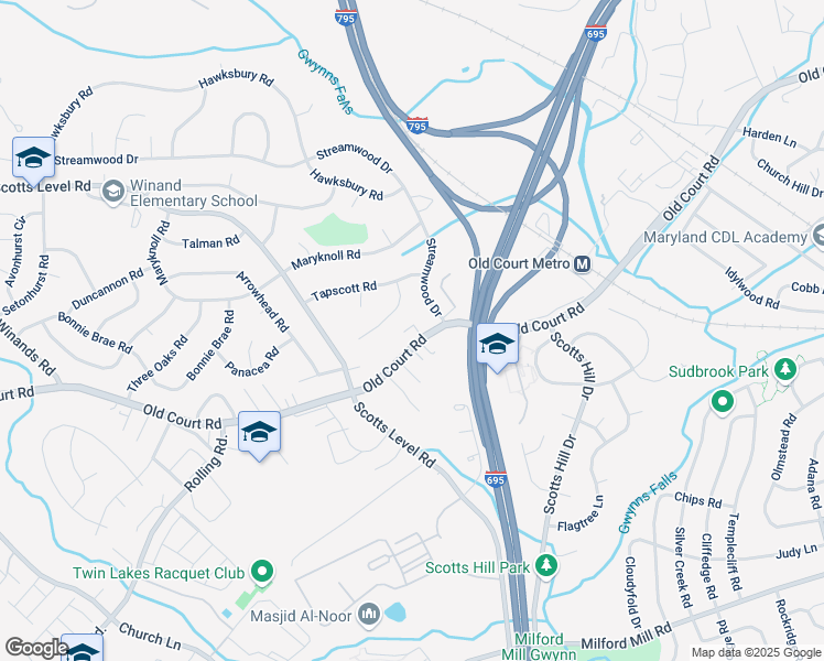 map of restaurants, bars, coffee shops, grocery stores, and more near 4512 Old Court Road in Pikesville