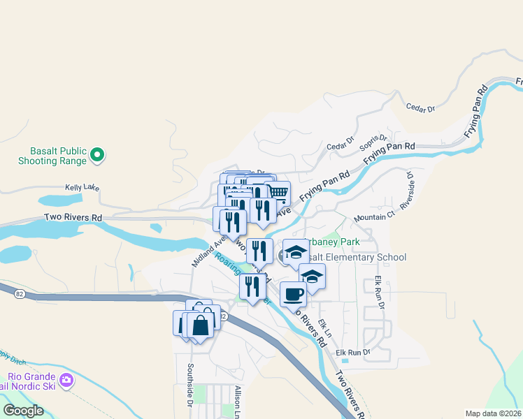 map of restaurants, bars, coffee shops, grocery stores, and more near 204 Midland Avenue in Basalt