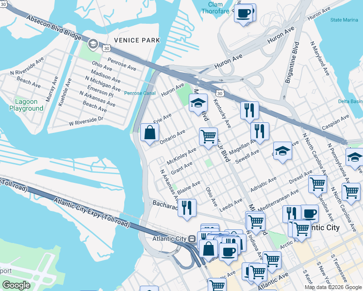 map of restaurants, bars, coffee shops, grocery stores, and more near in Atlantic City