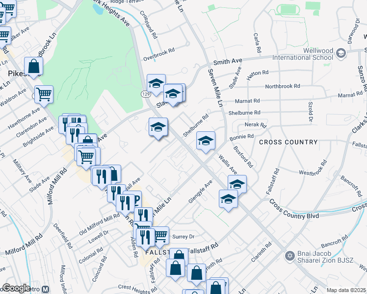 map of restaurants, bars, coffee shops, grocery stores, and more near 7220-7238 Park Heights Avenue in Pikesville