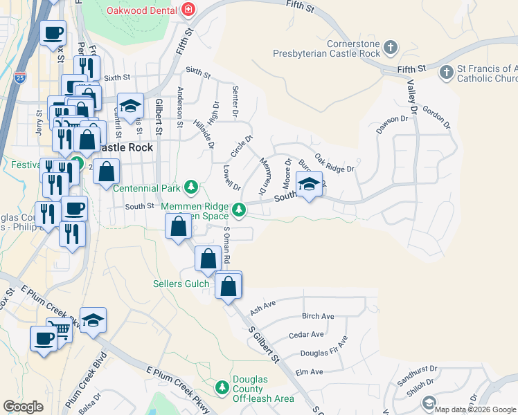 map of restaurants, bars, coffee shops, grocery stores, and more near 1094 South Street in Castle Rock
