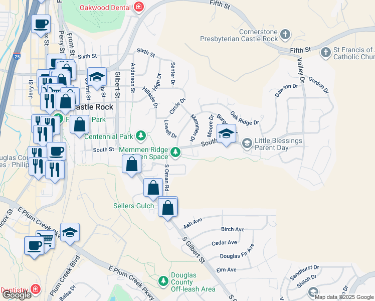 map of restaurants, bars, coffee shops, grocery stores, and more near 912 South Street in Castle Rock