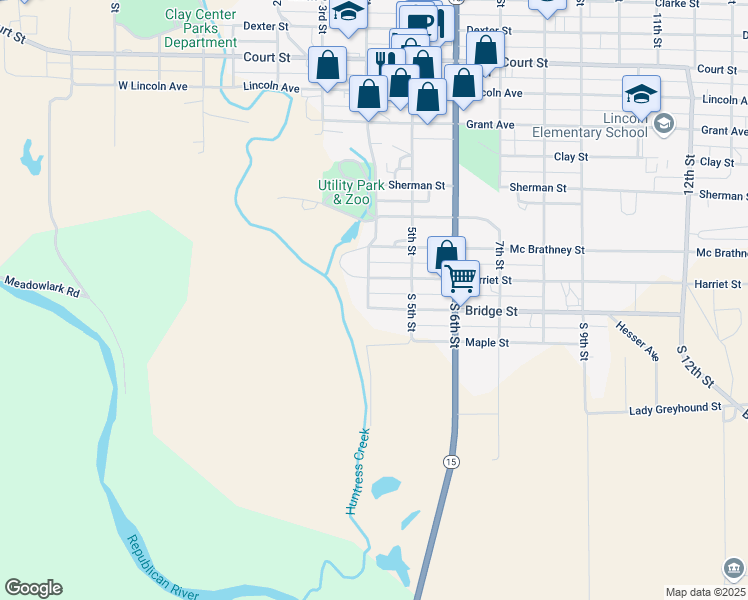 map of restaurants, bars, coffee shops, grocery stores, and more near 412 Bridge Street in Clay Center