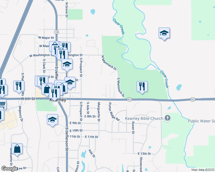map of restaurants, bars, coffee shops, grocery stores, and more near 420 Porter Ridge Road in Kearney