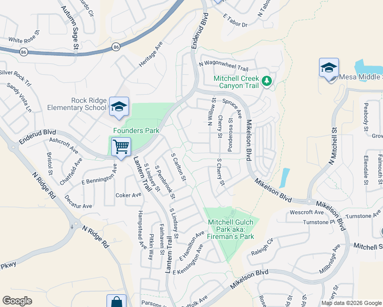 map of restaurants, bars, coffee shops, grocery stores, and more near 5240 East Aspen Avenue in Castle Rock