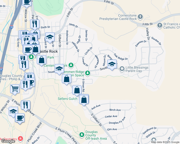 map of restaurants, bars, coffee shops, grocery stores, and more near 912 South Street in Castle Rock