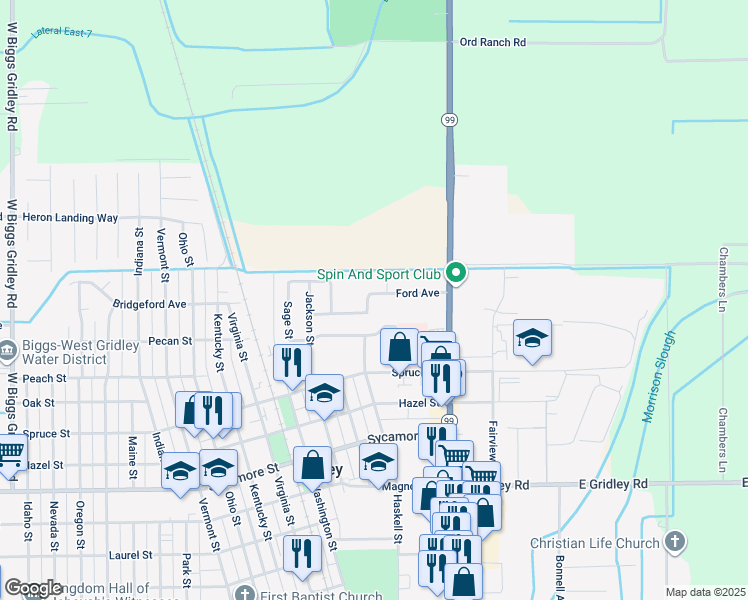 map of restaurants, bars, coffee shops, grocery stores, and more near 215 Ford Avenue in Gridley