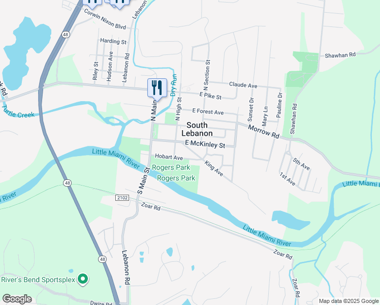 map of restaurants, bars, coffee shops, grocery stores, and more near 138 King Avenue in South Lebanon