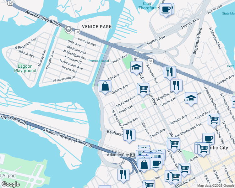 map of restaurants, bars, coffee shops, grocery stores, and more near 1019 North Michigan Avenue in Atlantic City