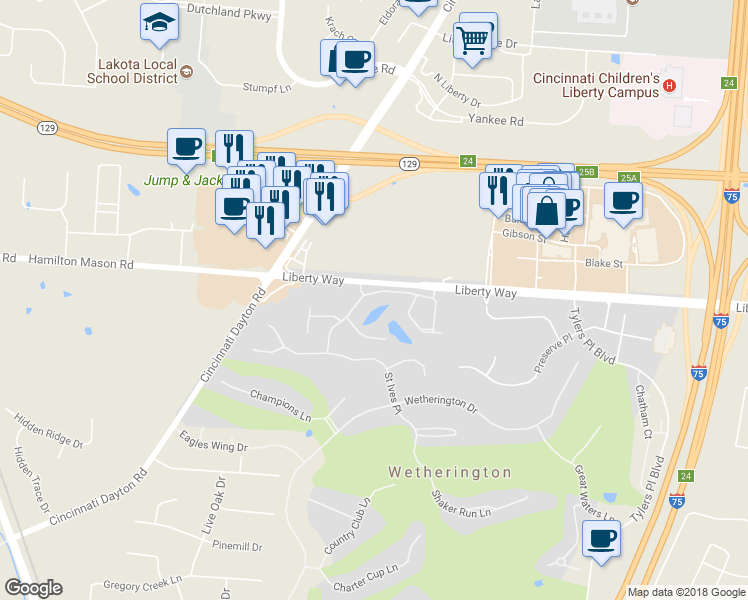 map of restaurants, bars, coffee shops, grocery stores, and more near 7154 Harbour Town Drive in Wetherington