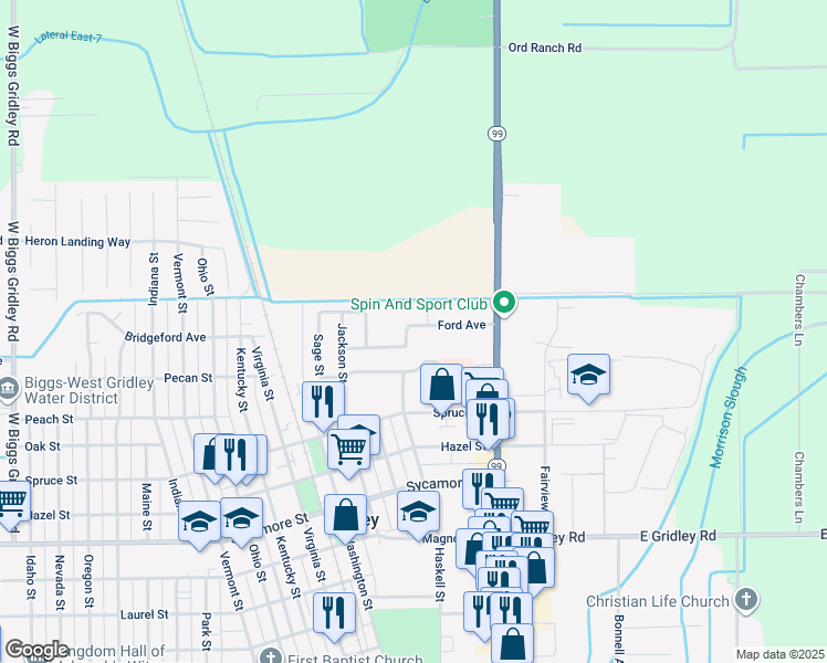 map of restaurants, bars, coffee shops, grocery stores, and more near 215 Ford Avenue in Gridley