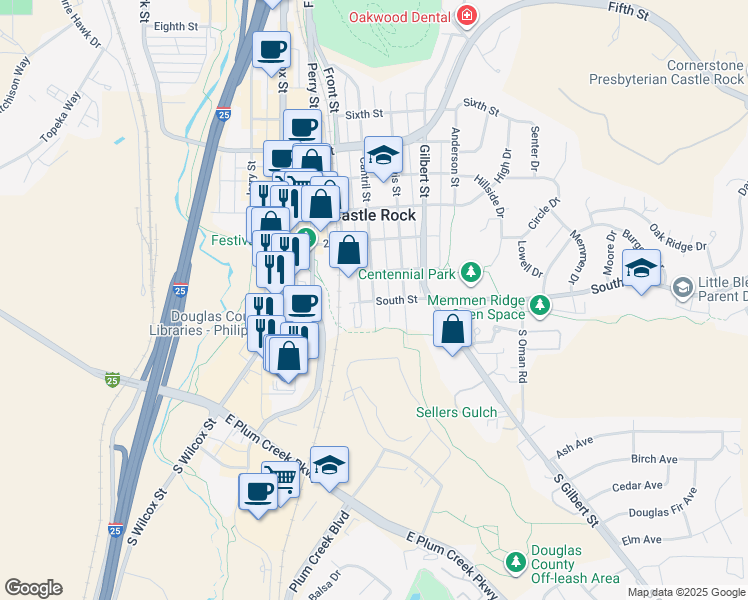 map of restaurants, bars, coffee shops, grocery stores, and more near 17 Cantril Street in Castle Rock