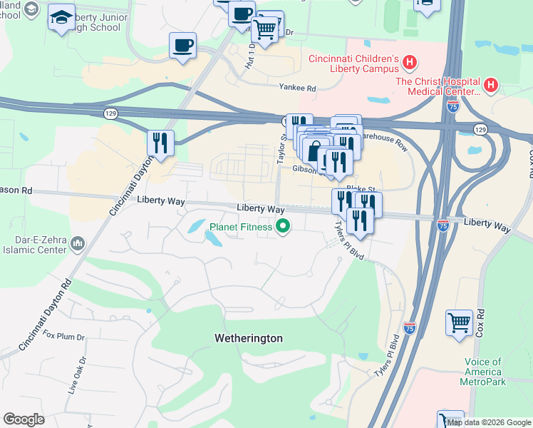 map of restaurants, bars, coffee shops, grocery stores, and more near 7441-7451 LIberty Way in Wetherington