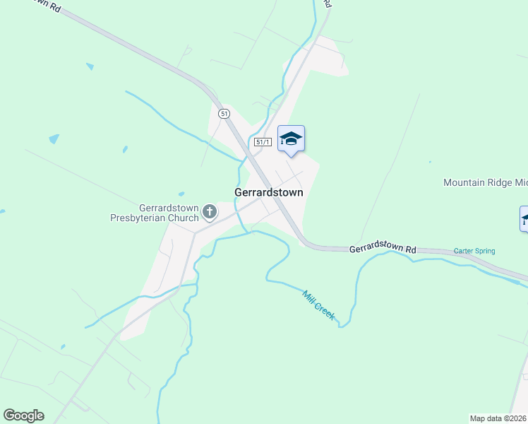 map of restaurants, bars, coffee shops, grocery stores, and more near 57 Baptist Church Alley in Gerrardstown