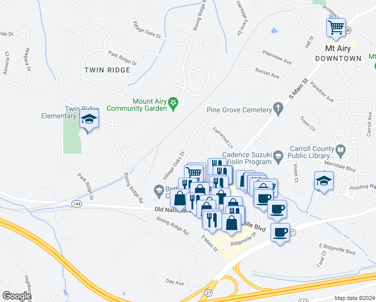 map of restaurants, bars, coffee shops, grocery stores, and more near 1106 Oak View Drive in Mount Airy