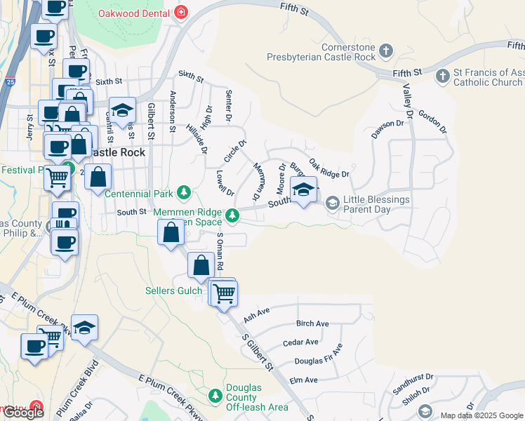 map of restaurants, bars, coffee shops, grocery stores, and more near 1094 South Street in Castle Rock