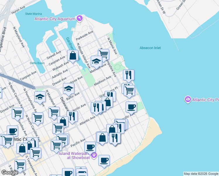 map of restaurants, bars, coffee shops, grocery stores, and more near 210 Grammercy Place in Atlantic City