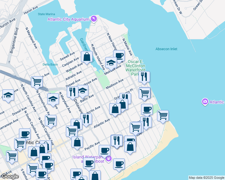 map of restaurants, bars, coffee shops, grocery stores, and more near 119 North Massachusetts Avenue in Atlantic City