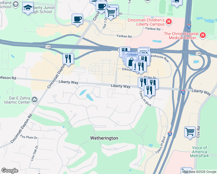 map of restaurants, bars, coffee shops, grocery stores, and more near 7441-7451 LIberty Way in Wetherington
