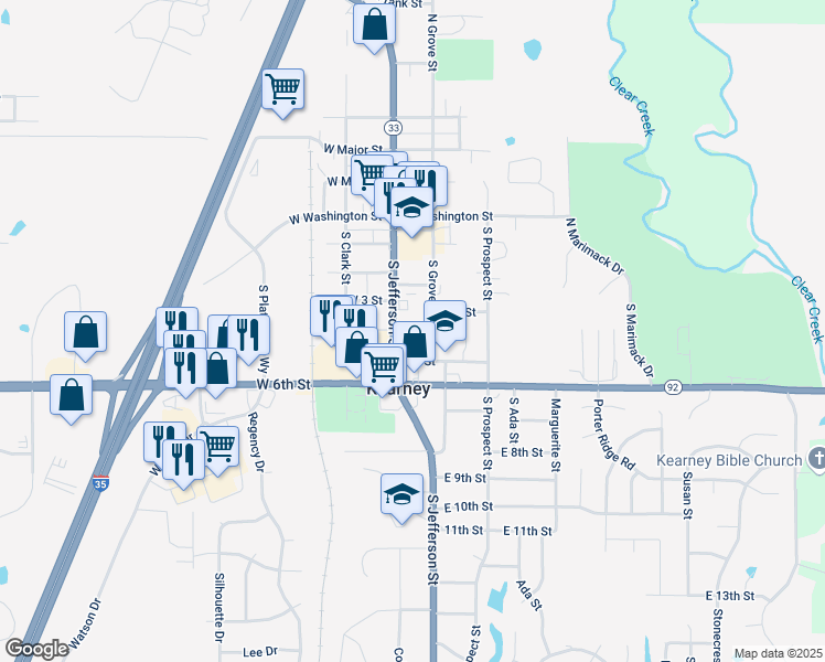 map of restaurants, bars, coffee shops, grocery stores, and more near 403 South Jefferson Street in Kearney