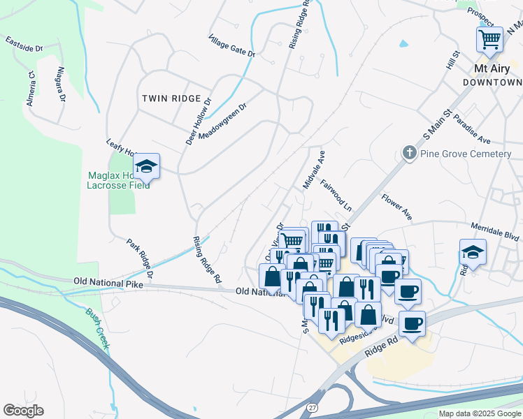 map of restaurants, bars, coffee shops, grocery stores, and more near 316 Glenvale Avenue in Mount Airy