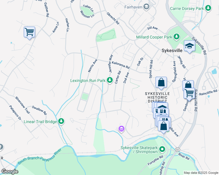 map of restaurants, bars, coffee shops, grocery stores, and more near 7431 Jennifer Way in Sykesville