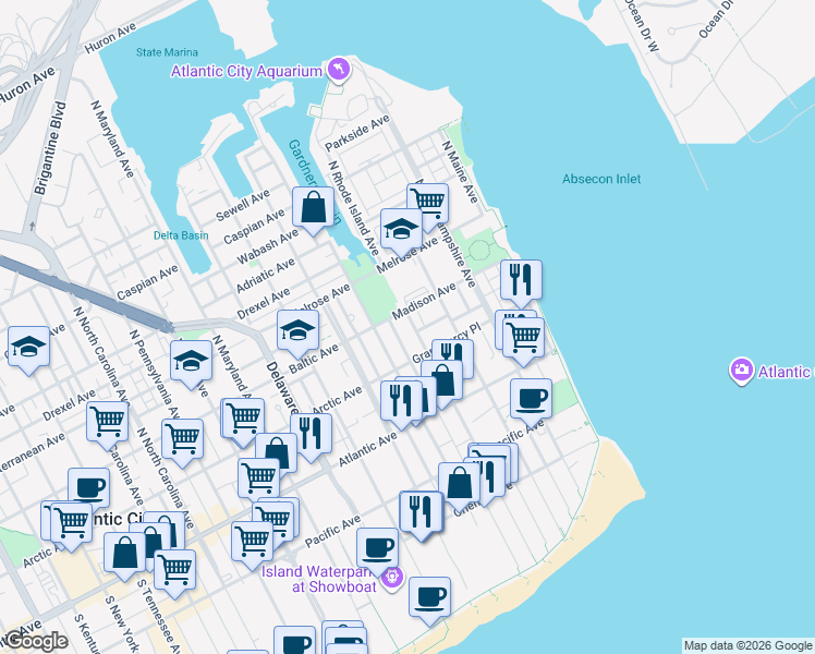 map of restaurants, bars, coffee shops, grocery stores, and more near 119 North Massachusetts Avenue in Atlantic City