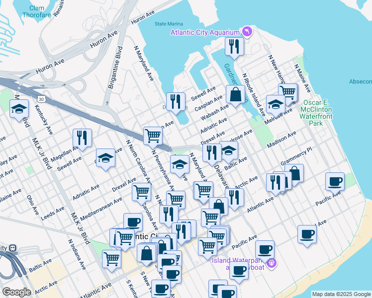 map of restaurants, bars, coffee shops, grocery stores, and more near 478 Absecon Boulevard in Atlantic City