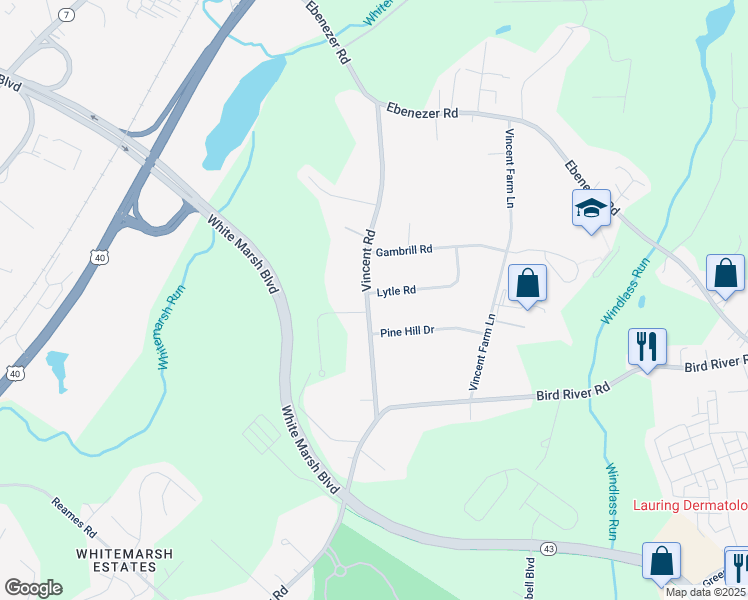 map of restaurants, bars, coffee shops, grocery stores, and more near 10409 Vincent Road in White Marsh