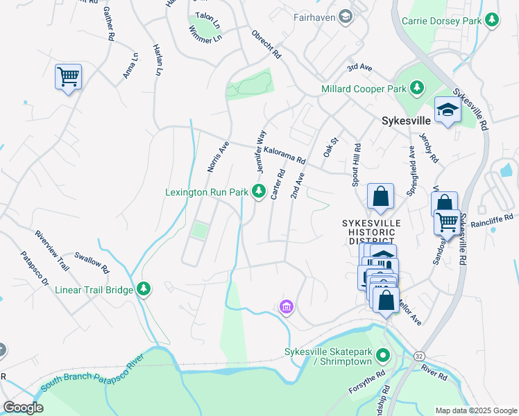 map of restaurants, bars, coffee shops, grocery stores, and more near 7431 Jennifer Way in Sykesville