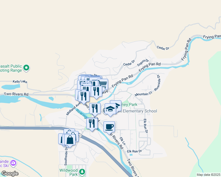 map of restaurants, bars, coffee shops, grocery stores, and more near 551 Frying Pan Road in Basalt