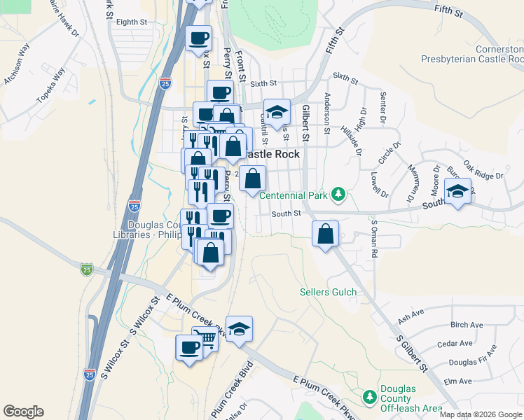 map of restaurants, bars, coffee shops, grocery stores, and more near 7 Cantril Street in Castle Rock