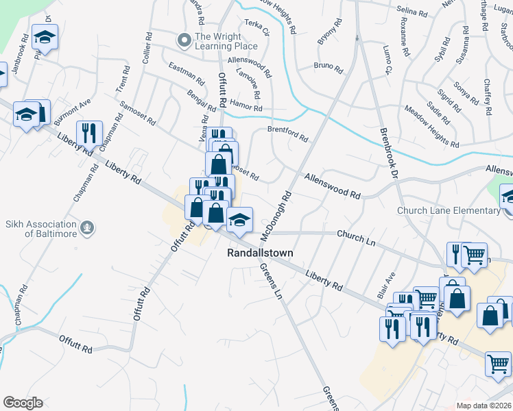 map of restaurants, bars, coffee shops, grocery stores, and more near 3771 Brice Run Road in Randallstown