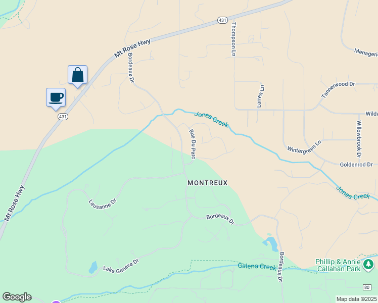 map of restaurants, bars, coffee shops, grocery stores, and more near 6000 Cartier Drive in Reno