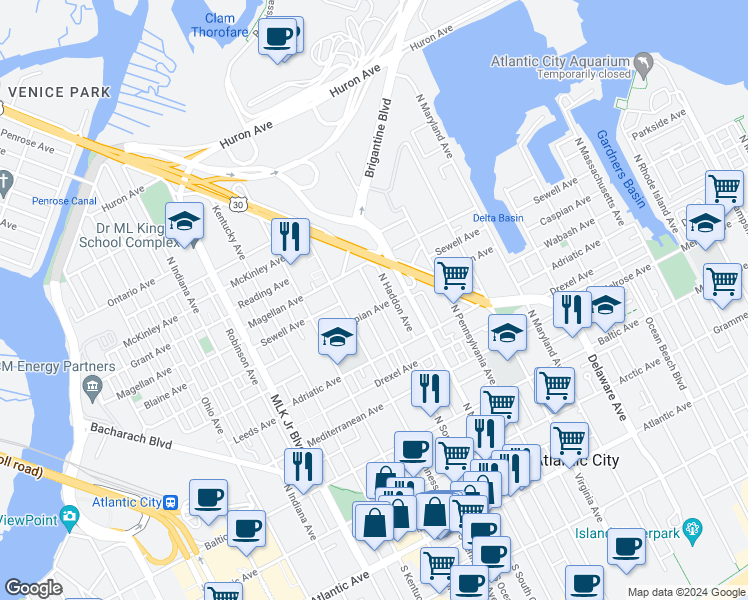map of restaurants, bars, coffee shops, grocery stores, and more near 410 North South Carolina Avenue in Atlantic City