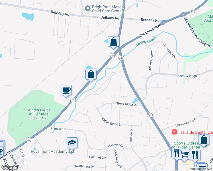 map of restaurants, bars, coffee shops, grocery stores, and more near 4133 Spyglass Hill in Mason